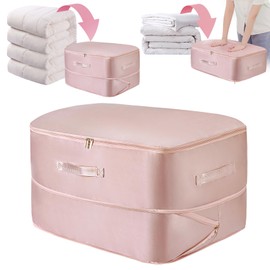 Ultra Space Saving Self Compression Organizer,Blanket Storage Bags for Comforters,Quilt Compression Storage Bag (beige, Medium)