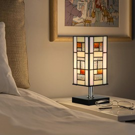 HomeBeauty Small Tiffany Table Lamp for Bedroom, Stained Glass Bedside Lamps with Rectangle Shade,Geometric Desk Reading Lamp for Kids Room Living Room Office Dorm,LED Bulb Included
