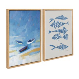 Kate and Laurel Sylvie Golden Dunes and Fishes Blue on Beige Framed Canvas Wall Art Set by Giuliana Lazzerini, 2 Piece 18x24 Natural, Coastal Boat and Fish Art for Wall