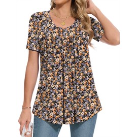 MUSE SHOW Women's 2025 Summer Tops Short Sleeve Tunic Shirts Casual Comfy Blouse Black Orange Flower 2XL