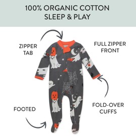 HonestBaby Sleep and Play Footed Pajamas One-Piece Sleeper Jumpsuit Zip-Front Pjs Organic Cotton for Baby Boys, Unisex, Ghost Party, 3-6 Months
