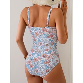 B2prity Women's Underwire One Piece Swimsuit Tummy Control Ruched Bathing Suit Criss Cross V Neck Swimwear Orange Floral