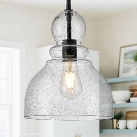 FookChak 10" Seeded Glass Pendant Lights Kitchen Island Black Pendant Ceiling Light with Hand-Blown Clear Glass Over Dining Table Kitchen Sink Entryway Hallway, E26