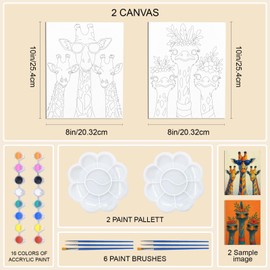 WEBEEDY 2 Packungen Vorgezeichnete Leinwand Zum Malen Für Erwachsene Anfänger Bunter Giraffen Strauß Schluck Und Malkasten Leinwand Malset Mit Zeichnungsbereiter Farbe Einzigartiges Geschenk 20x25cm