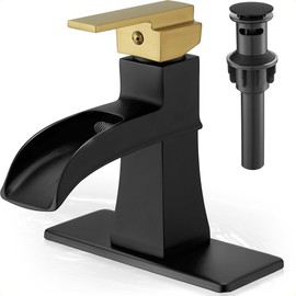 HOIGY Black and Gold Waterfall Bathroom Faucet, Brass Bathroom Sink Faucet 1 Hole or 3 Hole, 4 Inch Bathroom Faucets Single Handle with Drain Supply Hoses & 6 inch Deck Plate for Lavatory RV Farmhouse