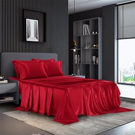AiMay 4 Piece Queen Size Satin Bed Sheet Set Deep Pocket Solid Burgundy Color Luxury Silky Super Soft 1 Flat Sheet 1 Fitted Sheet 2 Envelope Style Pillowcases Reversible Honeymoon(Burgundy, Queen 4pc)