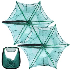 2 Pcs Foldable Fishing Trap Collapsible Hexagon 6 Hole Fishing Bait Trap Portable Minnow Crayfish Crab Crawdad Shrimp Net Cage Fishing Accessories (Green)