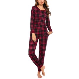 Ekouaer Womens Pajamas Sets Long Sleeve Tops with Jogger Pants Soft Pjs Lounge Set Outfits with Pockets Red Black Plaid L