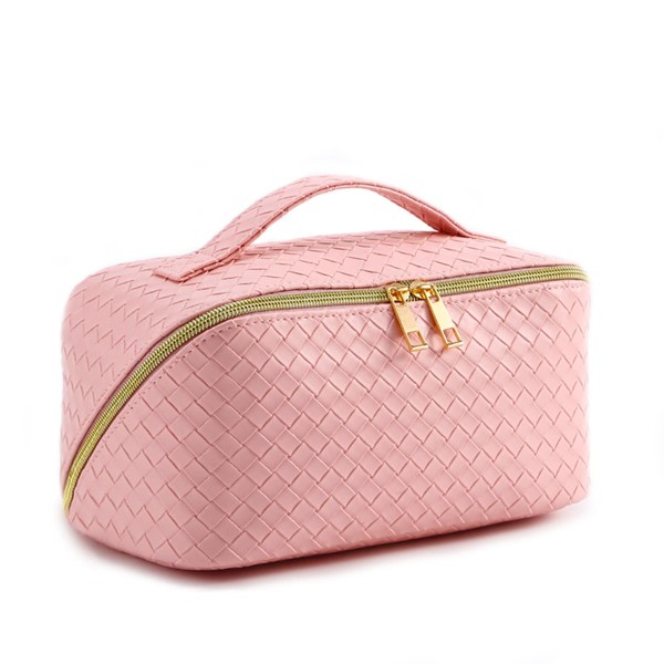 2022 Travel Cosmetic Bag with Large Capacity Portable Travel Make Up Bag Waterproof Leather Makeup Bag for Women's Cosmetics, Accessories and Toiletries, Knit Style - Pink, 2023 knit style
