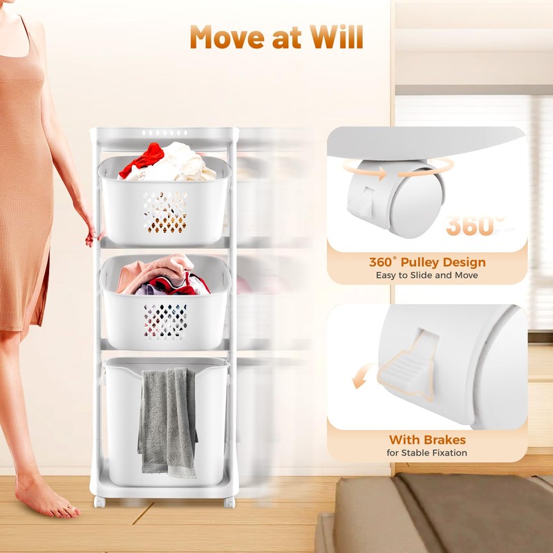 Rolling Laundry Hamper, 3 Tier Storage Sorter Cart with Wheels,