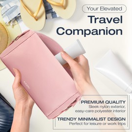 KAZAY Travel Toiletry Bag, Smart Design with Side Clips for Adjustable Sizing, Water Resistant, Premium Nylon, Cosmetic Bag, Stylish, Full-Size Bottles, Travel Size Toiletries, Makeup Bag (Pink)