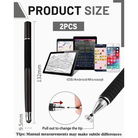 KEMUZ 2 x Stylus Pen, 2-in-1 Touchscreen Pen, Stylus Touch Pen, Pen for All Mobile Phones/Tablets, Non-Slip Surface and Replaceable Tips (Black + Pink)