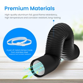 Simple Deluxe 4'' 8 FT Dryer Vent Hose, Flexible Aluminum Duct for HVAC Ventilation, Insulated 4-Layer Ducting & 2 Clamps for Exhaust, Duct Fan Systems, Black