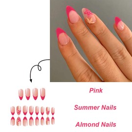 ONPRESS 24Pcs Summer Press on Nails Medium Almond Fake Nails with Starfish Design Pink French Tip Glue on Nail Cute Nude False Nail Glossy Full Cover Stick on Nails Acrylic Nail for Women Decor