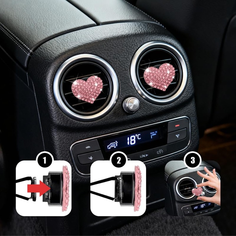 4PCS Heart-Shaped Car Vent Clips with Rhinestone, Automotive Air Fresheners