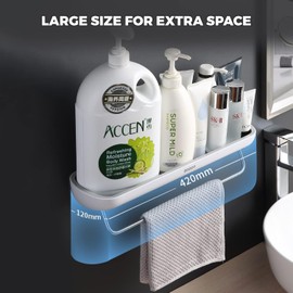 Floating Bathroom Organizer - Wall Mounted Shower Caddy Shelf - with Towel Rail - Extra Strong Self Adhesive - No Drilling - Easy Drainage - Rustproof. (White/Black)