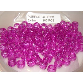 PURPLE Glitter Pony Beads 9x6mm 100pcs Acrylic USA made crafts kid jewelry rave