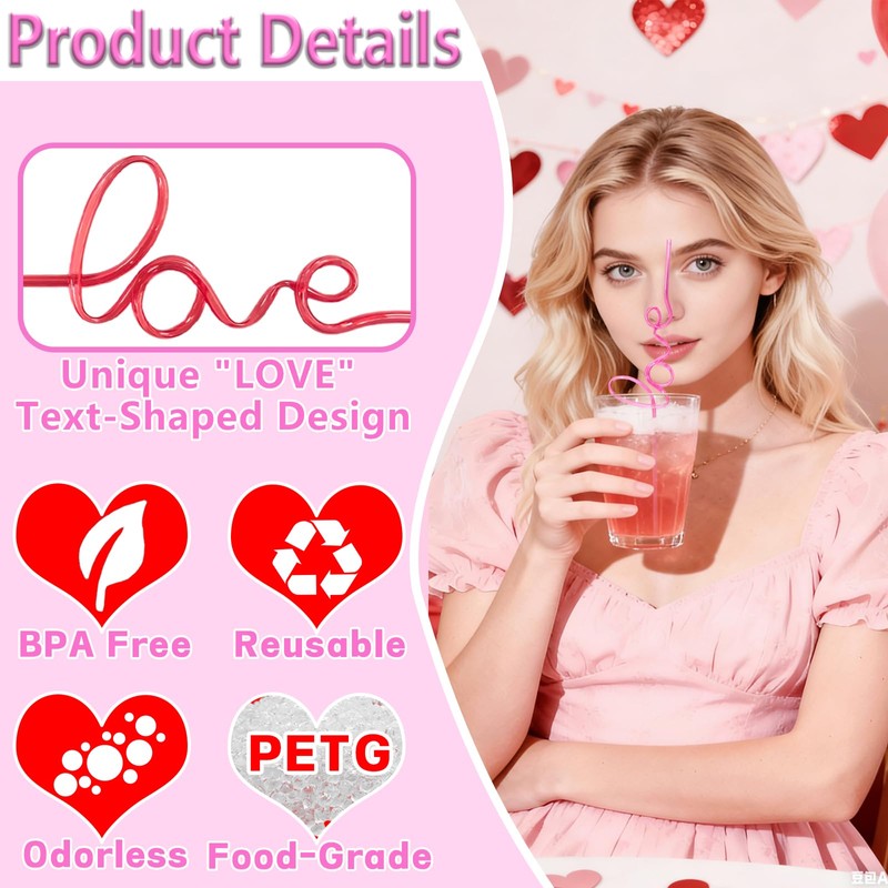 12PCS Love Word-Shaped Plastic Drinking Straws for Bachelorette Decor