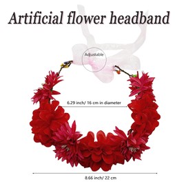 Yheahin Adjustable Flower Crown Floral Headpiece for Women Handmade Floral Wreath Hair Band Beach Bridal Wedding Flower Headband Festival Photo Props (Red, Adjustable)