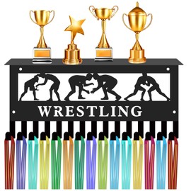 CREATCABIN Wrestling Medal Hanger Display with Shelf Trophy Medal Holder Sports Frame Hooks Hanging Awards Wall Mount Medal Rack for Holding up Over 70 Medals Wrestler Badges Organizer 11.8 x 5.1Inch