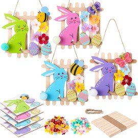 Geelin 24 Set Easter Craft Kits DIY Wooden Bunny Egg Bee Butterfly Ornaments with Artificial Flowers and Stick Make You Own Easter Handmade Artwork for Spring Party Favors Home Activity Decoration