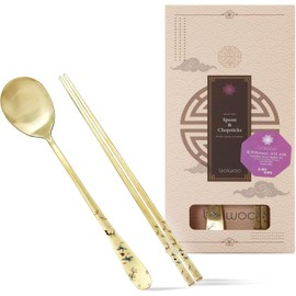 [Made in Korea] BALWOO Crane Painting Design Korean Spoon and Chopsticks Set – 304 Stainless Steel Gold Titanium Plated Traditional Flatware (8.5")