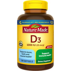 Nature Made Vitamina D3 1000 UI (25 mcg) Softgel, suplemento dietético para huesos, dientes, músculo e inmunidad, suministro de 300 días, 300 unidades (paquete de 1)