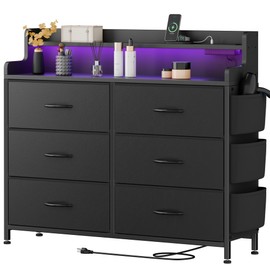 Lulive Black Dresser for Bedroom 6 Drawers - Fabric Dressers for Bedroom with LED Light & Charging Station - Adults Chest of Drawers for Living Room Hallway Closet Nursery (Black)
