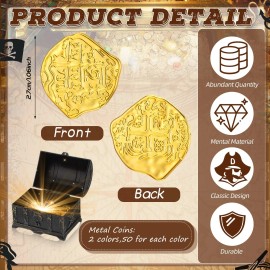Hanaive 100 Pcs Metal Pirate Coins Bulk Gold Fake Coins Spanish Doubloon Tokens for K...
