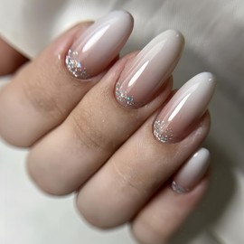 Gradient Press on Nails With French Silver Glitter Design Medium Almond Shape French Tip False Nails Gradient Manicure Art Acrylic Fake Nails Stick Nails for Women Girls 24Pcs