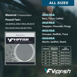 Vipfish Fishing Fluorocarbon Leader with Crane Swivel and Snaps - Heavy Duty 40lb Fluorocarbon Leader Connects Lures, Bait or Hooks for Saltwater & Freshwater Fishing