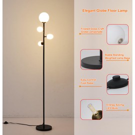 Fiqevs 4 Globe Mid Century Floor Lamp with LED Bulbs & Frosted Glass Lampshade, Modern Black Tree Standing Lamp, Retro Vintage Tall Lamp for Living Room, Bedroom & Office