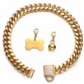 Aiyidi Heavy Duty Dog Chain Collar with Dog Tag, Bell, 18K Gold Plated 14MM Stainless Steel Cuban Link Chain Collar with Bling Rhinestone Secure Buckle,for Small Medium Large Dogs 10- 26inches (26'')