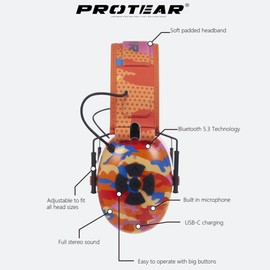PROTEAR Bluetooth Ear Guard with Microphone Noise Reduction Wireless Ear Guard for Lawn Mowing, Carpentry, Leaf Bubble, Signal to Noise Ratio 30dB, Camo Orange, One size