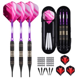 Sanfeng darts with plastic tip for electronic dartboard, 18 g, professional soft darts, 3 darts 6 flights, 50 anti-loose rubber rings, 30 tips, pink