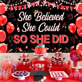 2026 Red Black Graduation Decoration Banner Red Black She Believed She Could So She Did Banner for Women Girls 2026 Class of High School College Graduation 72.8x43.3 inch