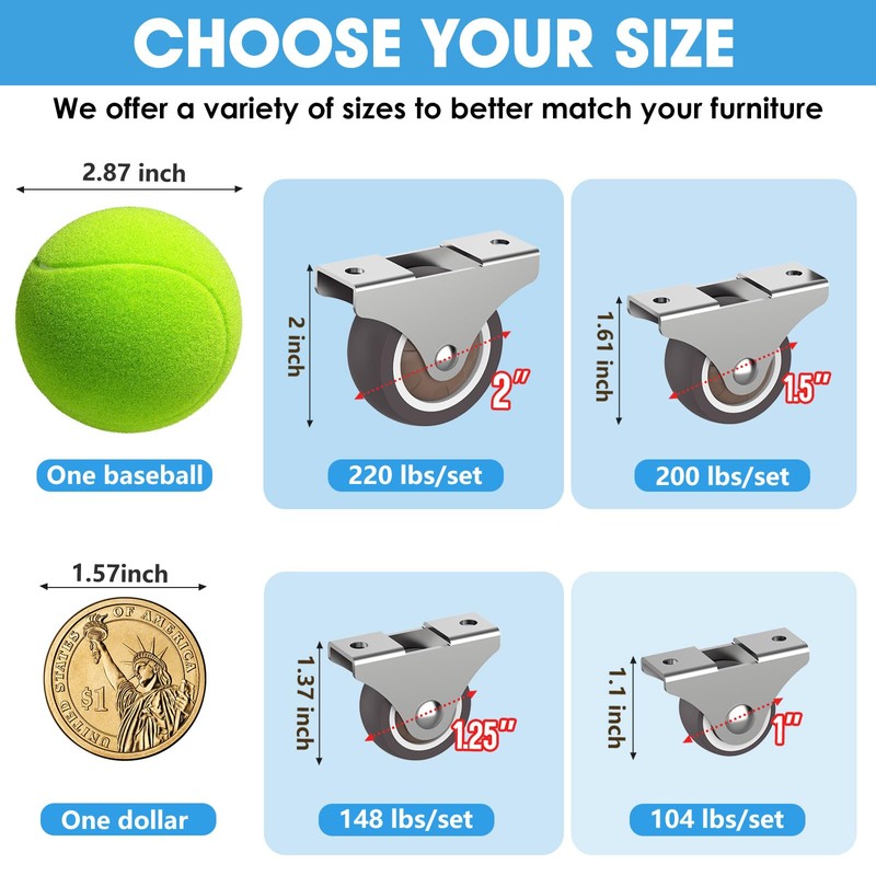 1.5 Inch Fixed Caster Wheels Low Profile Rubber Casters for