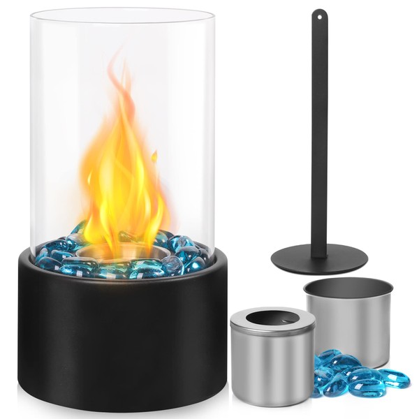 Eufrozy Small Tabletop Fire Pit Bowl with Glass, Mini Portable Table Top Rubbing Alcohol Fireplace Indoor, Smokeless Clean Burning Bio Ethanol for S'Mores/Apartment/Personal Flame/Outdoor/Patio/Black