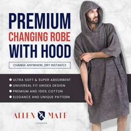 ALLEN & MATE Adult Changing Robe - Quick Dry 100% Terry Cotton Beach Poncho Towel with Hood & Pockets - Ideal for Men & Women (Charcoal)