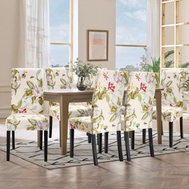 SearchI Dining Room Chair Covers Slipcovers Set of 8, Spandex Super Fit Stretch Removable Washable Kitchen Parsons Chair Covers Protector for Dining Room,Hotel,Ceremony(Beige+Flowers)