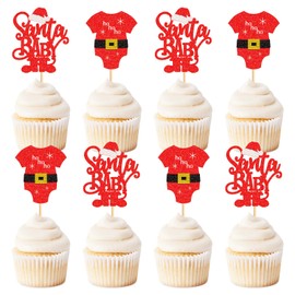 Keaziu - Paquete de 24 adornos de Navidad para cupcakes de Papá Noel, tela roja de Navidad, HoHoHoHo para celebrar la magdalena de Navidad para Navidad, fiesta de cumpleaños, decoración de pasteles, suministros de tela de Papá Noel