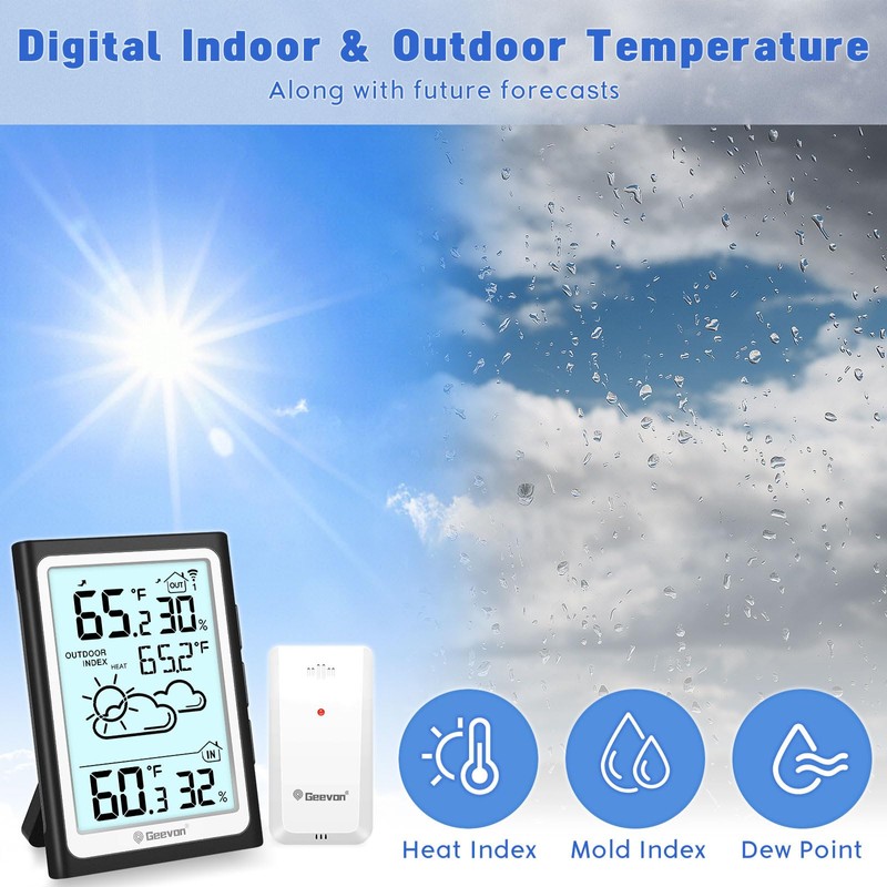Geevon Large Display Digital Thermometer Hygrometer, Accurate Indoor Outdoor Temperature