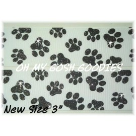 3" GLITTER PAW PAWPRINT GROSGRAIN RIBBON 4 CHEER TEAM FOOTBALL WHITE BLACK