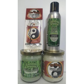 Smoke odor Exterminator Bamboo Breeze, Includes two 13 oz Jar Candle One 7 oz Spray & one Car Hangers All in One Bundle.