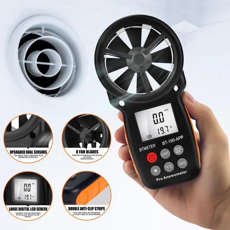 BTMETER Anemometer Digital Wind Speed Meter Temp Gauge 5860ft/min Data