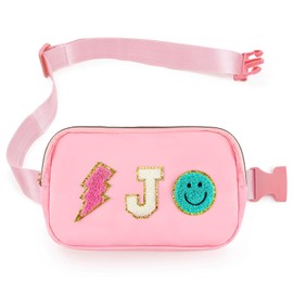 Fanny Pack for Girls Birthday Easter Gifts, Girls Crossbody Bag Preppy Nylon Teen Belt Bag for Graduation Travel Gifts, Light Pink Chenille J Letter