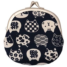 Kyoyu Purse Purse Coin Small Purse Cat Pattern 3.3 inches (12 x 11.5 cm) Navy Blue