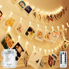 Decute 50LED Photo Clips String Lights Holder Timer Function 8 Modes Dimmable with Remote, Fairy Starry Lights for Christmas Card Bedroom Wedding Party Hanging Photos Pictures Memos, Warm White