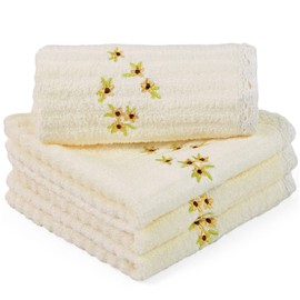 Soft Wash Cloths 4 Pack (Floral Embroidered) - Face, Body, Travel, Farmhouse Decor, 13” x 13", Cream