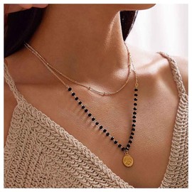 Inilbran Boho Layered Coin Pendant Necklace Black Crystal Choker Necklace Black Gemstone Coin Necklace Vintage Coin Ball Chain Necklace Jewelry for Women and Girls